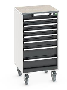 cubio mobile cabinet with 7 drawers & lino worktop. WxDxH: 525x525x990mm. RAL 7035/5010 or selected Bott Mobile Storage Cabinet Drawer Trolleys 525mm x 525mm